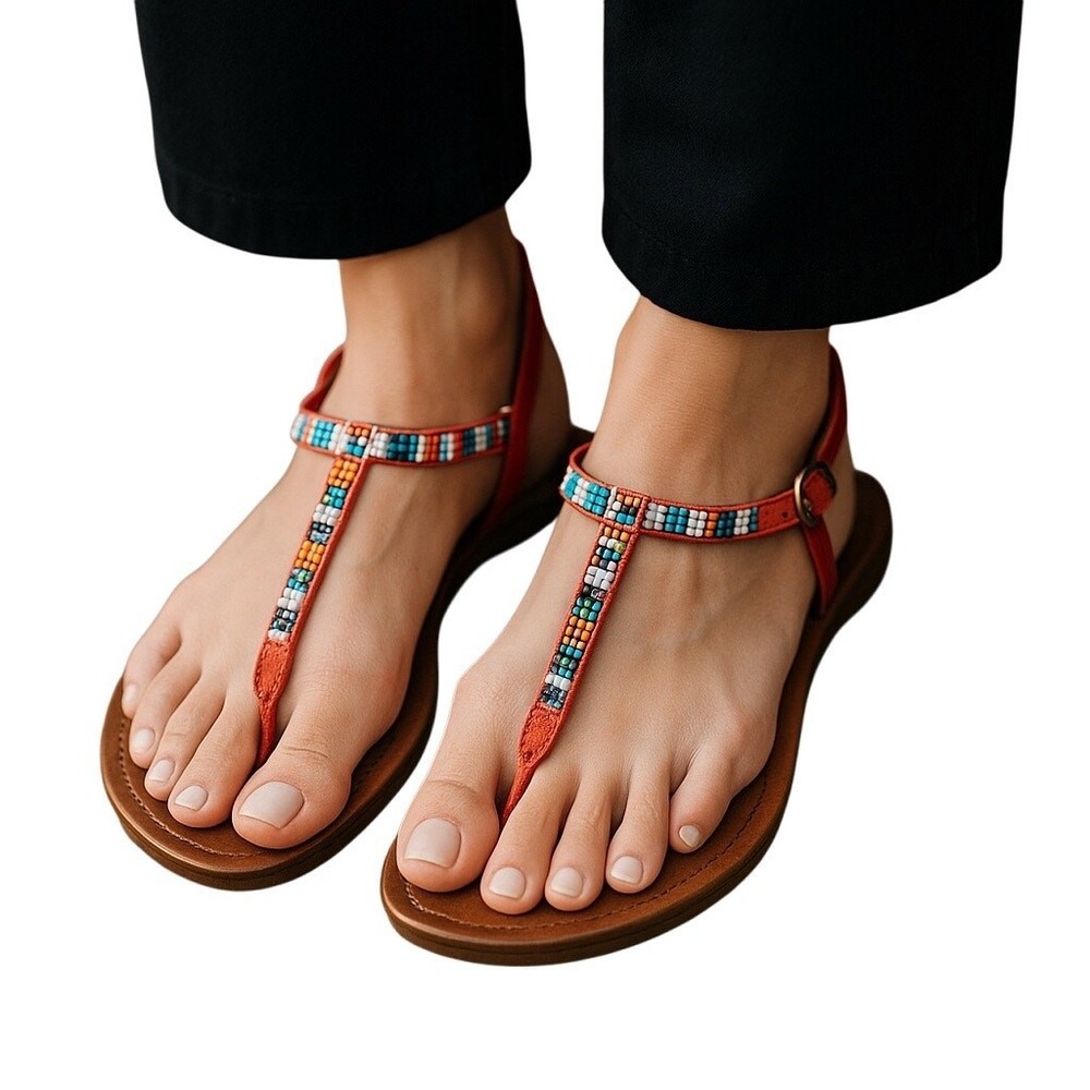 So Wear It Declare It Women's T-Strap Red Leather Beaded Sandals Size 9.5-10